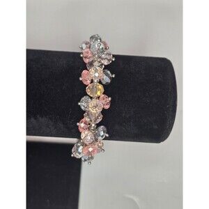 Sparkly Pink Beaded Bracelet Silver Tone Beads Clear Rhinestones